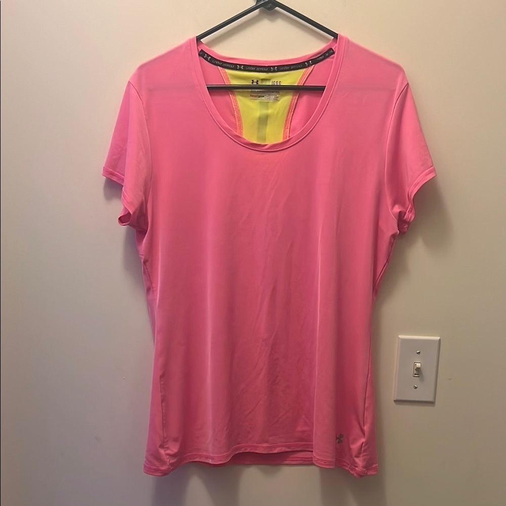 Under Armour run Pink and Yellow tshirt size Large